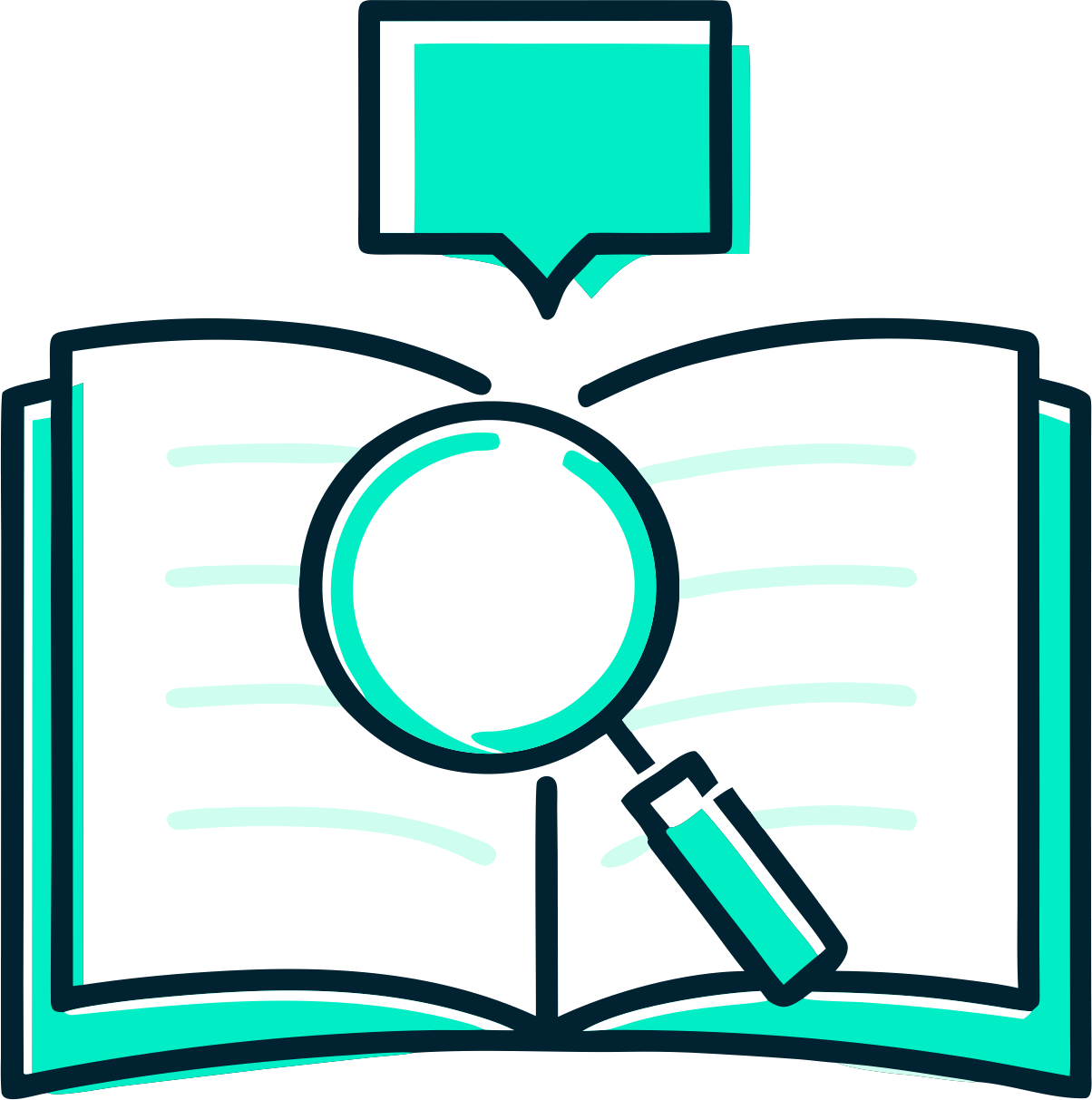 Illustration of a magnifying glass over an open glossary book
